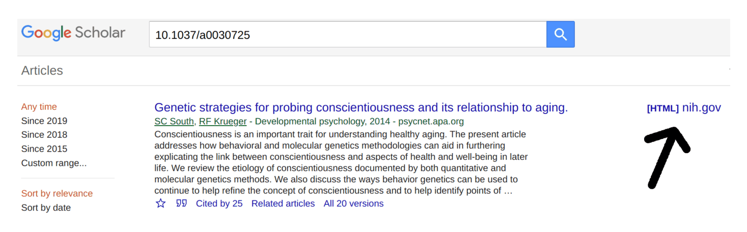 An example of a hit in Google Scholar: note the [HTML] link indicating there is a fulltext Pubmed version of this paper (often overlooked by newbies).
